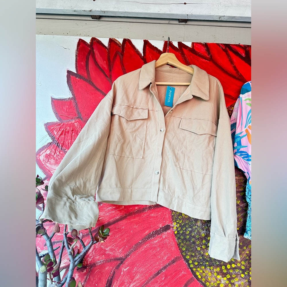 POPVIL Beige Waffle Knit Shacket Oversized Button Down Shirt Jacket NWT